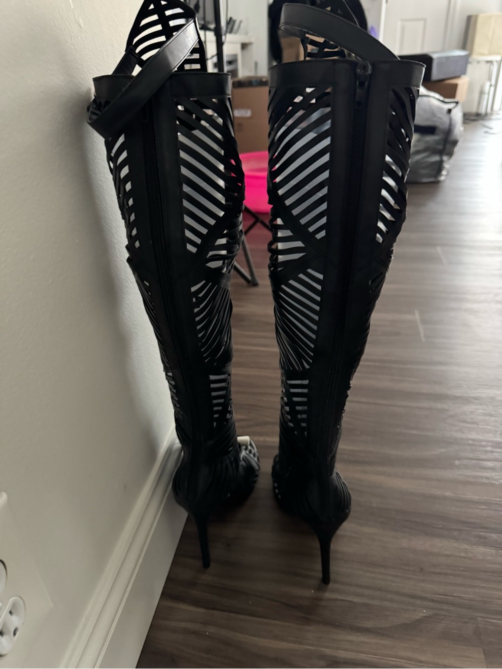 Black Laser-Cut Knee-High Gladiator Heels - Women's - Picture 8 of 11